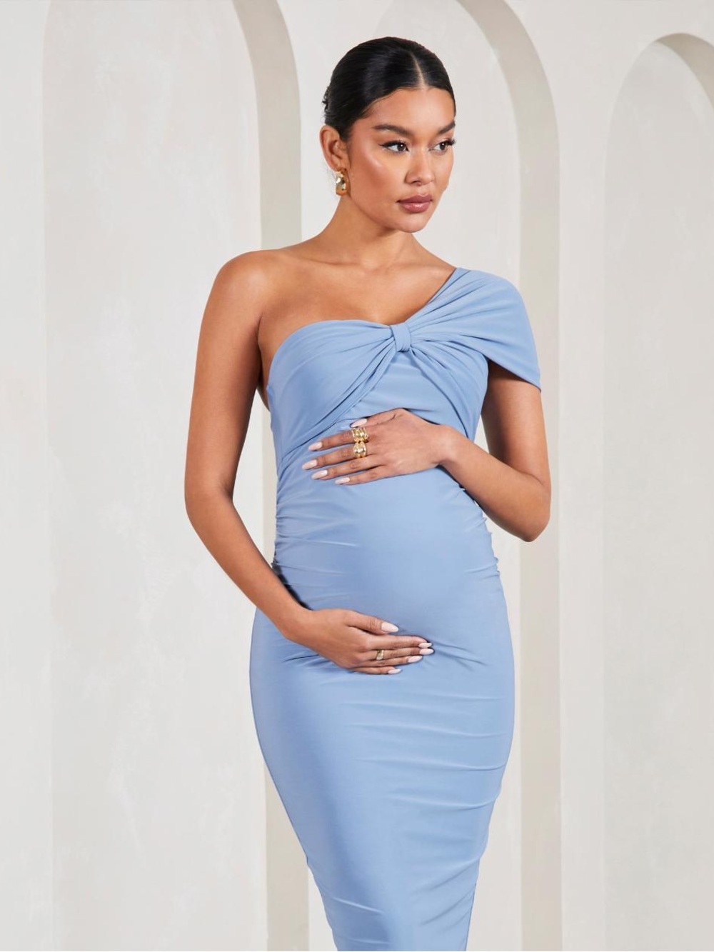 Club L London One-Shoulder Twist Midi Maternity Dress Cornflower Blue | Size 6